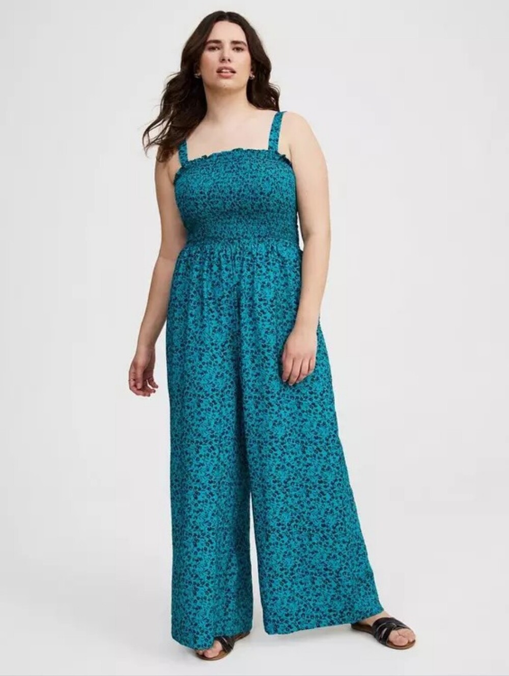 Torrid Smocked Tube Wide Leg Jumpsuit Sz 3 (3X) Windy Ditsy Biscay Bay
